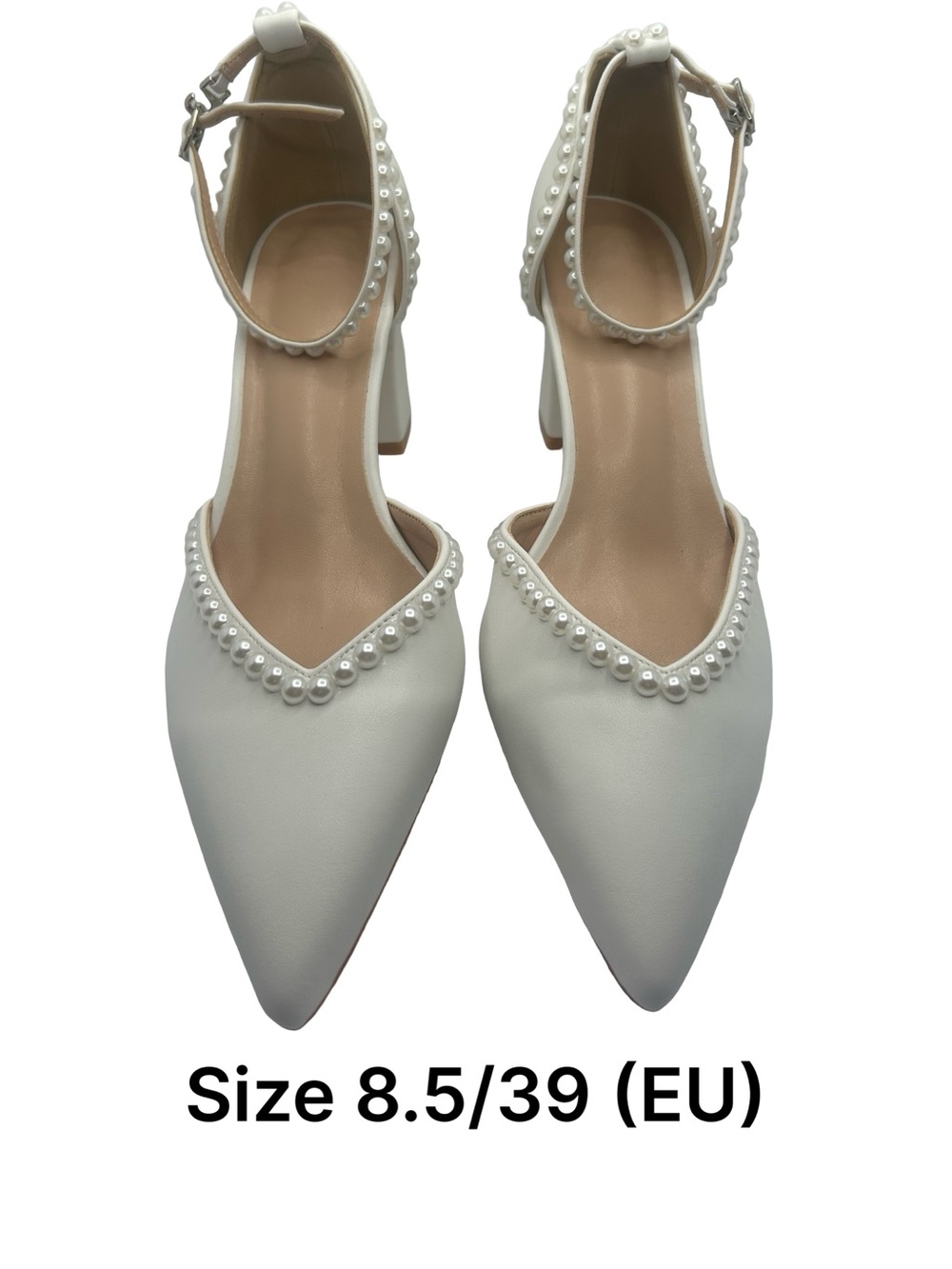 Elegant Pearl-Trim White Block Heel Pumps - Picture 2 of 4